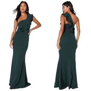 Lulus Grand Beauty Emerald Ruffled One-Shoulder Mermaid Maxi Dress size L NWT
